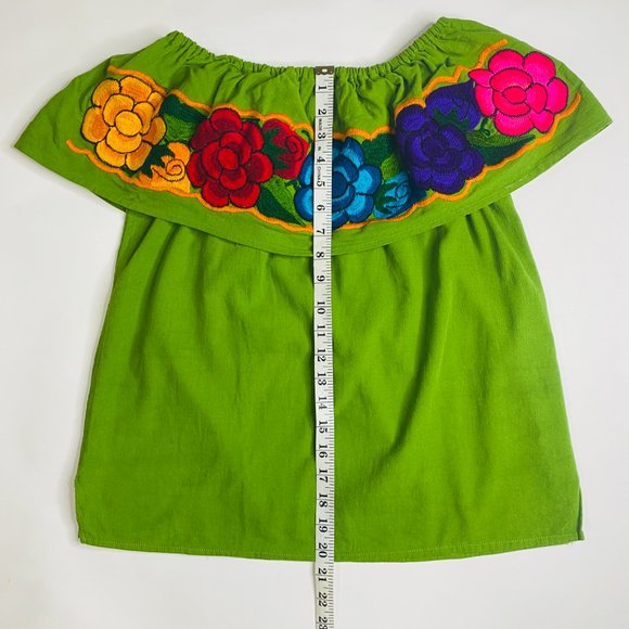 Hand Embroidered Green Floral Blouse Handmade In Mexico - Picture 5 of 10
